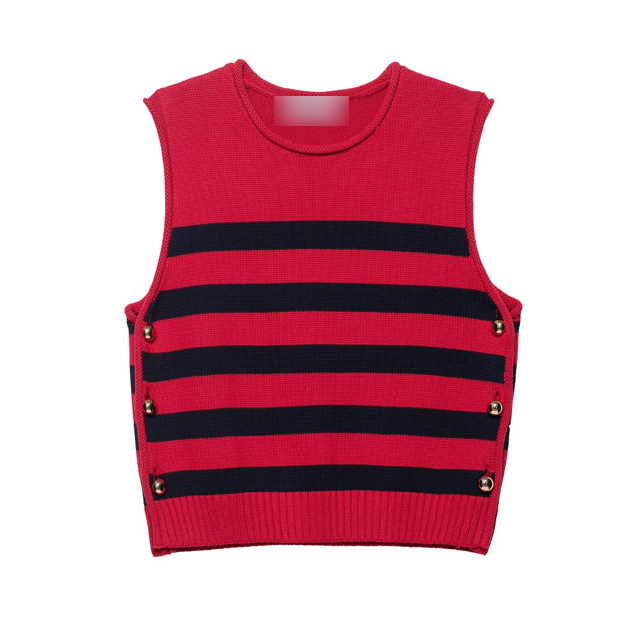 Women Autumn Thick Needle Vest Bandage Dress Button round Neck Sleeveless Waistcoat Knitted Striped Vest