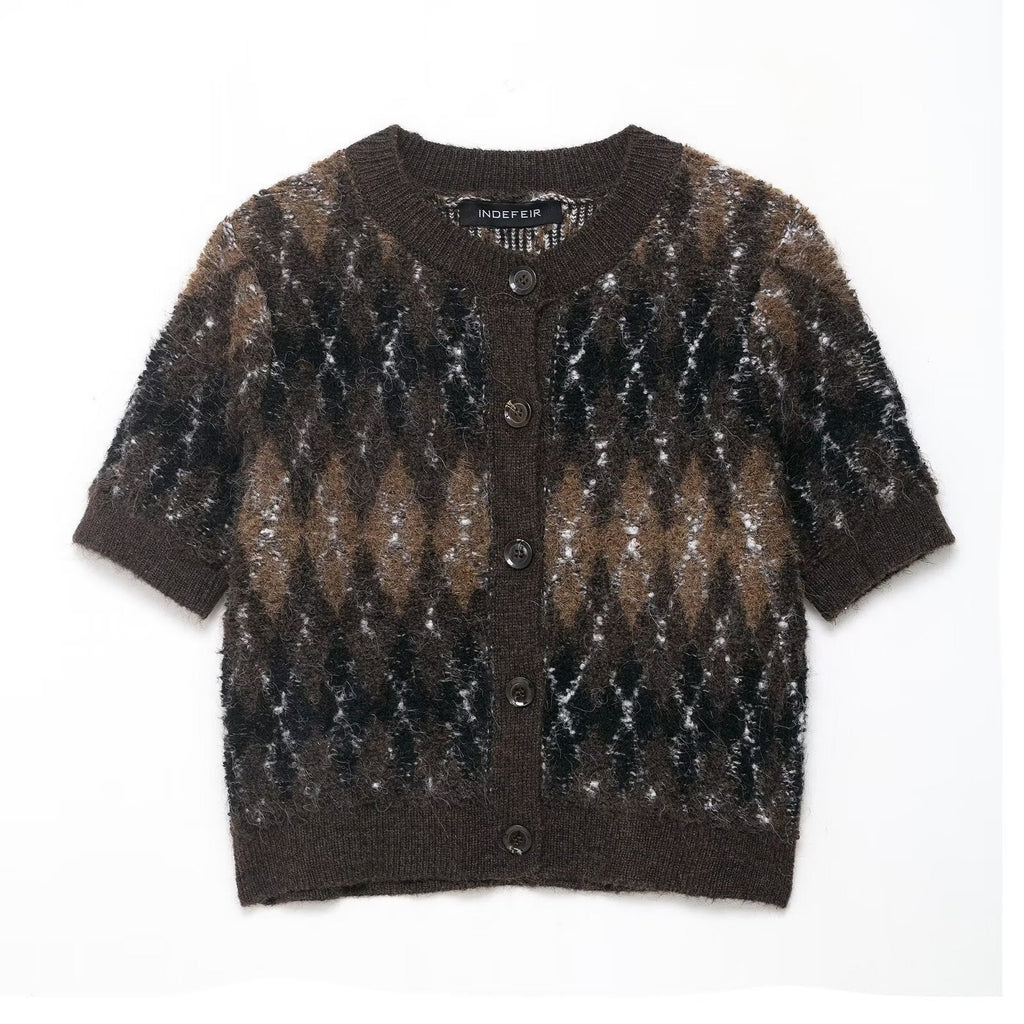 Women Clothing Autumn Beautiful Diamond Pattern Short Sleeve Knitted Coat
