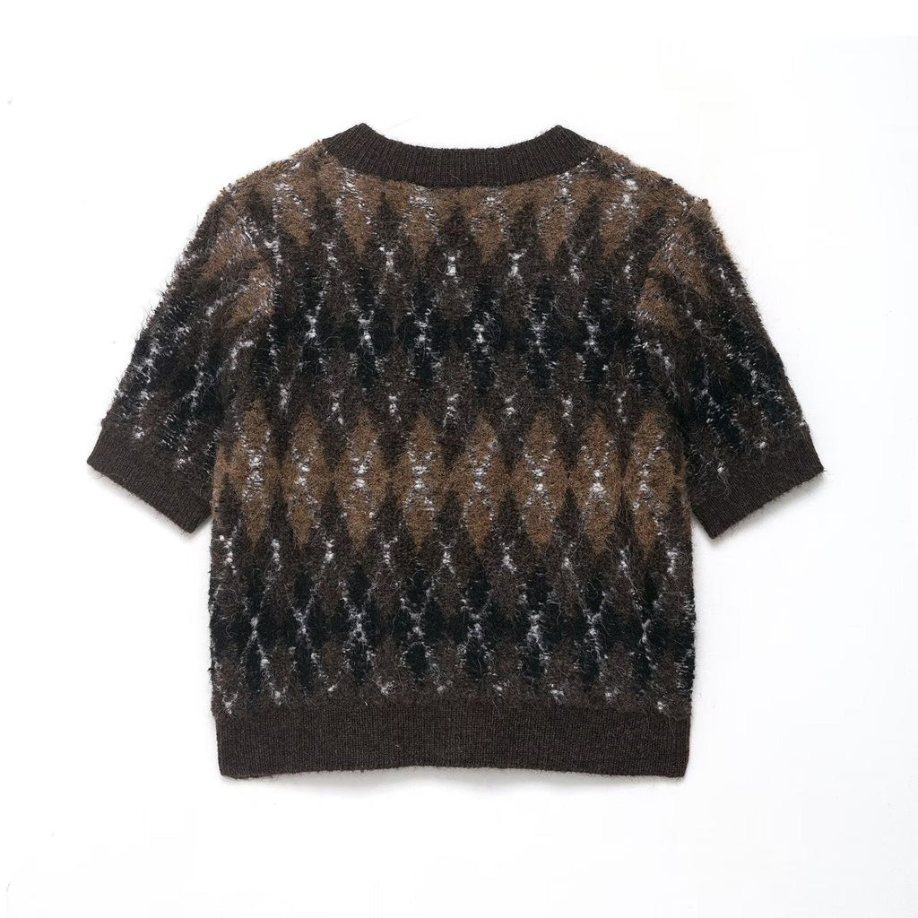Women Clothing Autumn Beautiful Diamond Pattern Short Sleeve Knitted Coat