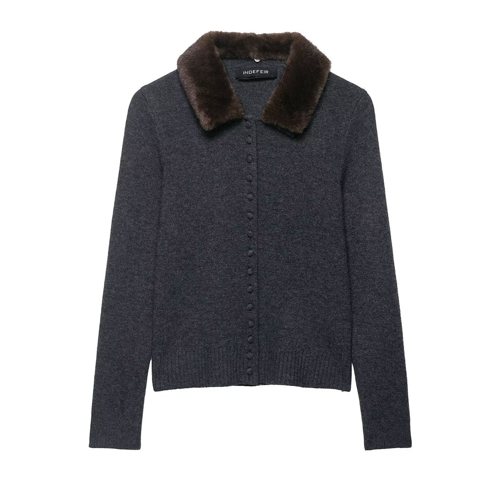 Fall Women Clothing Artificial Fur Effect Collared Knitted Coat