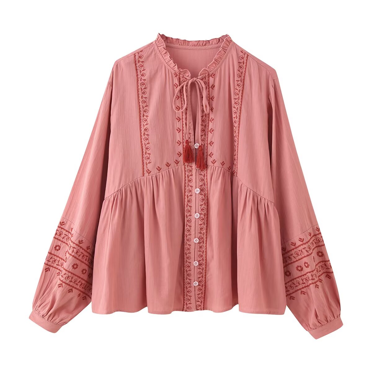 Women Clothing Long Sleeve Contrast Color Embroidered Shirt
