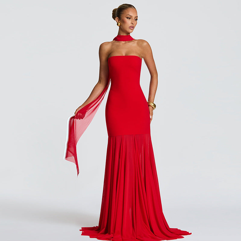 Women Clothing Autumn Winter Sexy Mesh Stitching Tube Top Evening Maxi Dress Women
