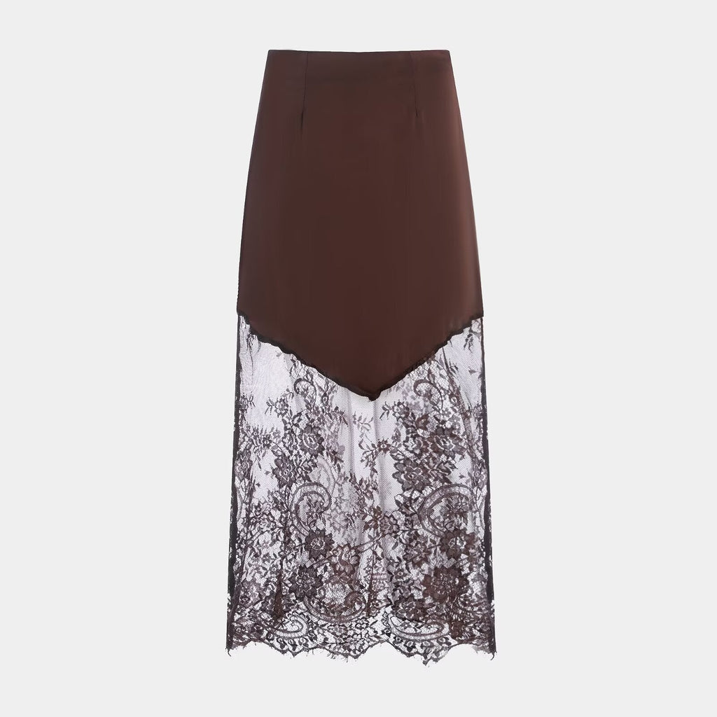 Women Clothing Winter Sexy See through Lace Stitching High Waist Skirt Long Skirt