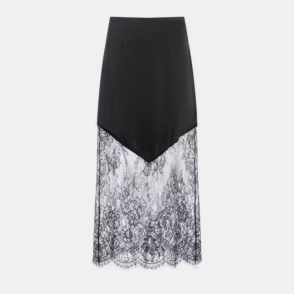 Women Clothing Winter Sexy See through Lace Stitching High Waist Skirt Long Skirt