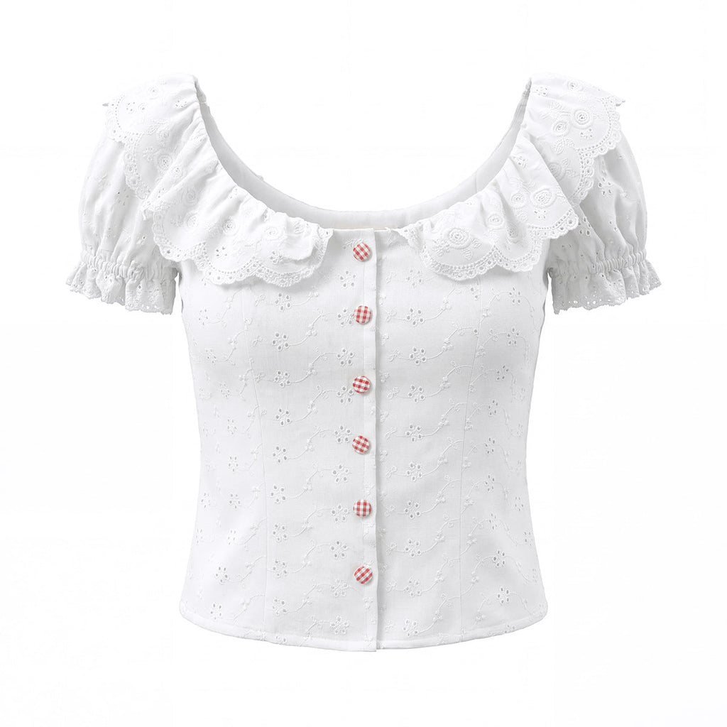 Lace Collar Niche Bubble Sleeve White Shirt Women Elegance Retro Single Breasted Hollow Out Cutout Embroidered Waist Tight Sexy Small Top
