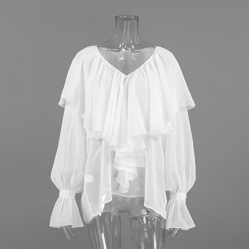 Autumn Texture V neck Flounce Flare Sleeve Blouse Women All Match White Chiffon Shirt