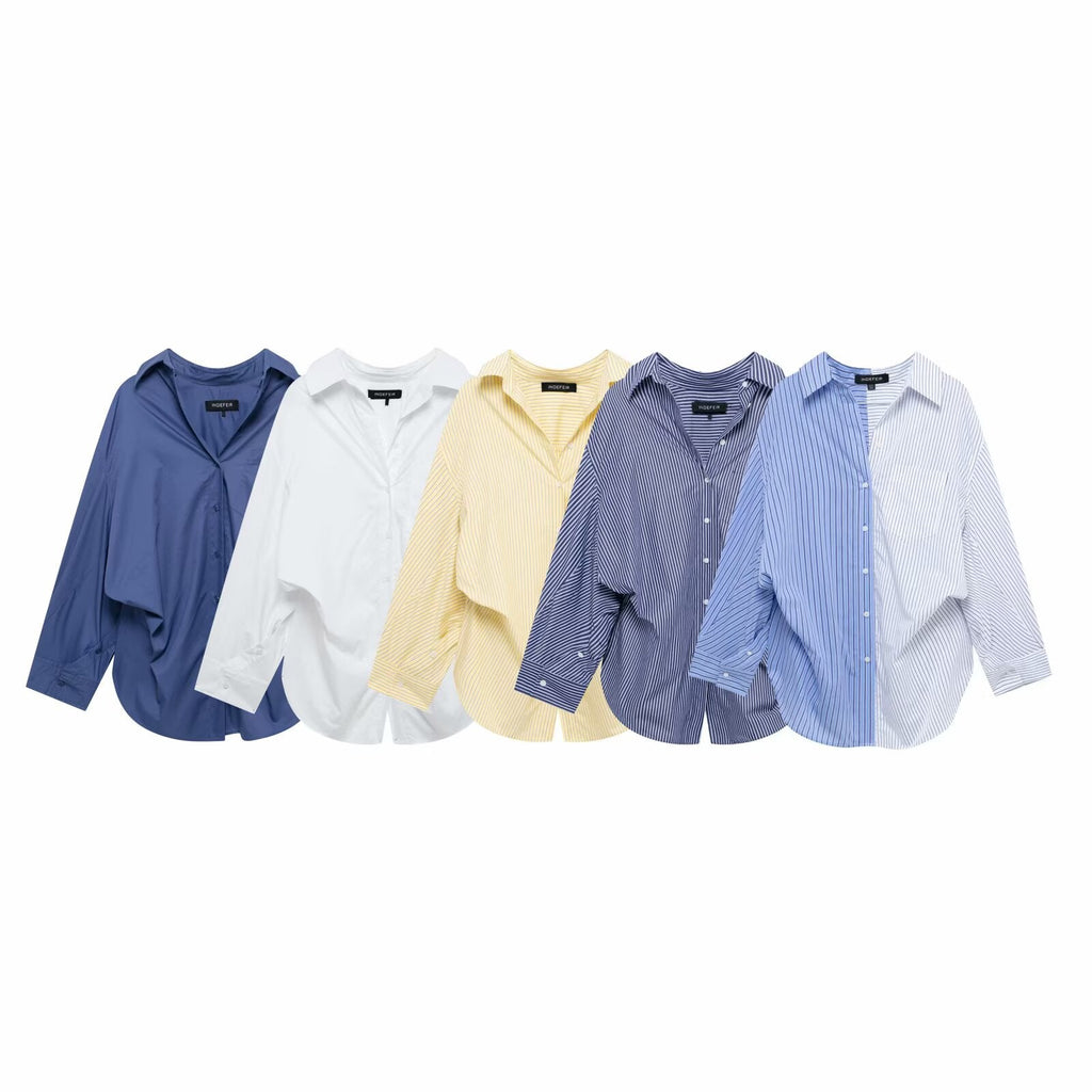 Women Clothing Patchwork Striped Poplin Loose Collared Long Sleeves Shirt