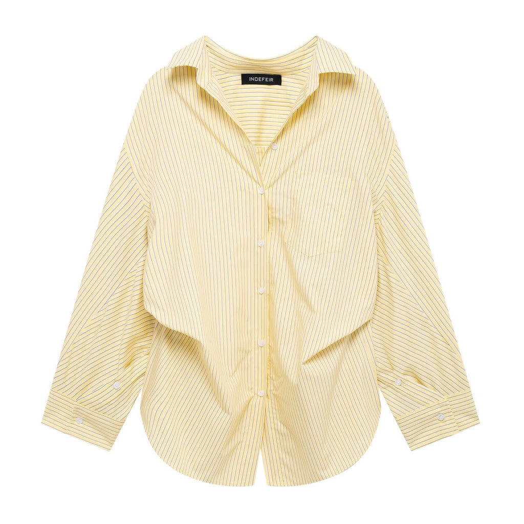 Women Clothing Patchwork Striped Poplin Loose Collared Long Sleeves Shirt