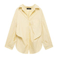 Women Clothing Patchwork Striped Poplin Loose Collared Long Sleeves Shirt