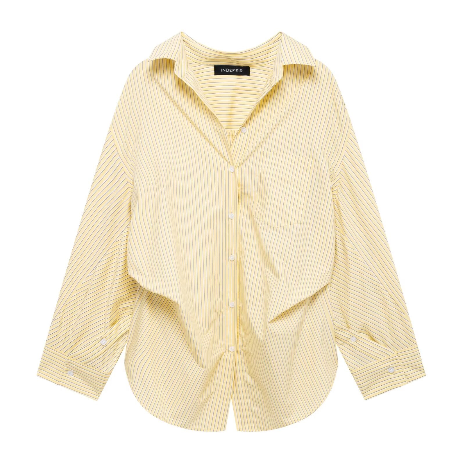 Women Clothing Patchwork Striped Poplin Loose Collared Long Sleeves Shirt