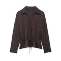 Women Clothing Summer All Matching with Belt Silk Satin Textured Shirt