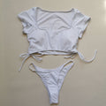 New Sexy Short Sleeved Bikini Split Swimsuit Women Solid Color Nylon Swimsuit