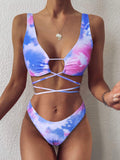 Women Split Bandage Swimsuit Tie Dyed Printed Sexy Bikini