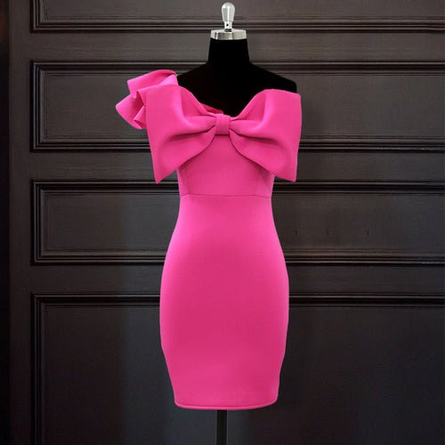 3D Bowknot Sexy One Shoulder Ruffled Bow Slim High Waist Evening Dress Women