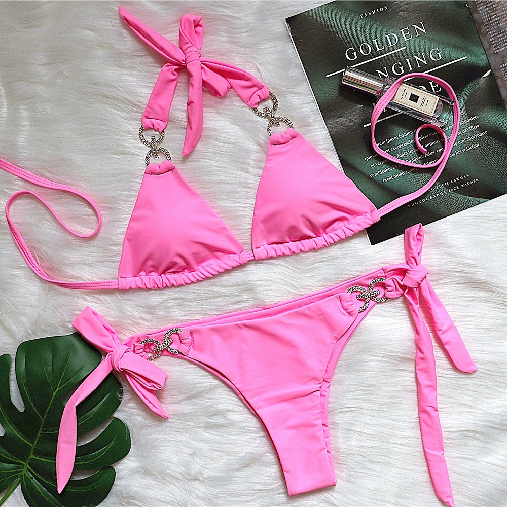 Bikini Bright Crystal Swimsuit Solid Color Lace-up High-end Sexy Swimsuit Women Swimsuit