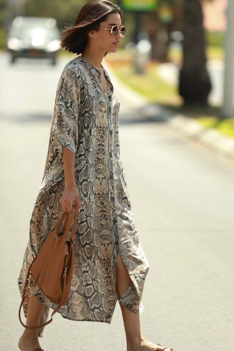 Beach Cover-up Elastic Printing Oversized Button Vacation Robe