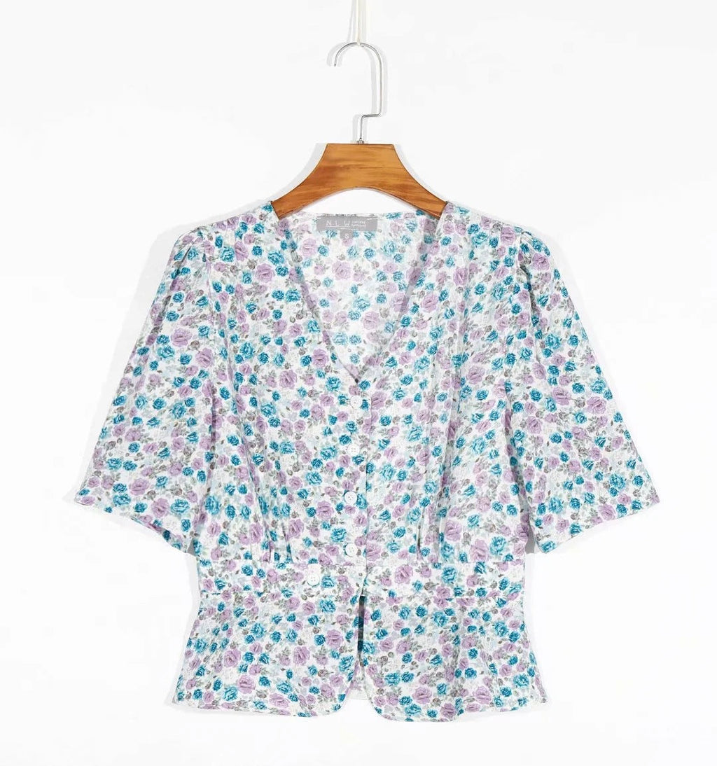 Women Clothing French Hong Kong Retro Floral V-neck Short Sleeve Single-Breasted Shirt Top