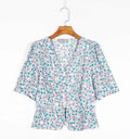 Women Clothing French Hong Kong Retro Floral V-neck Short Sleeve Single-Breasted Shirt Top