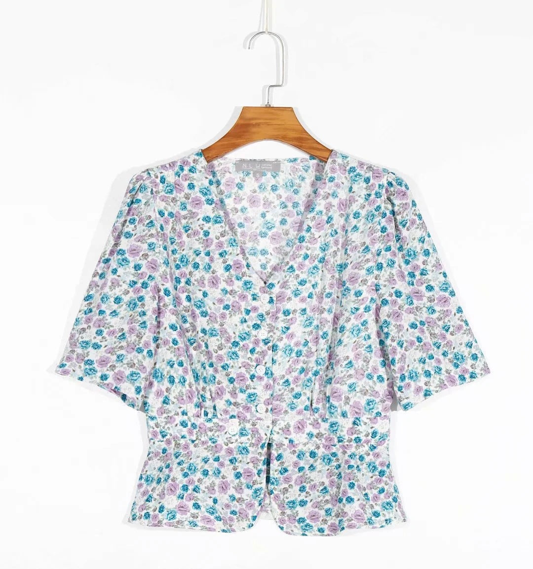 Women Clothing French Hong Kong Retro Floral V-neck Short Sleeve Single-Breasted Shirt Top