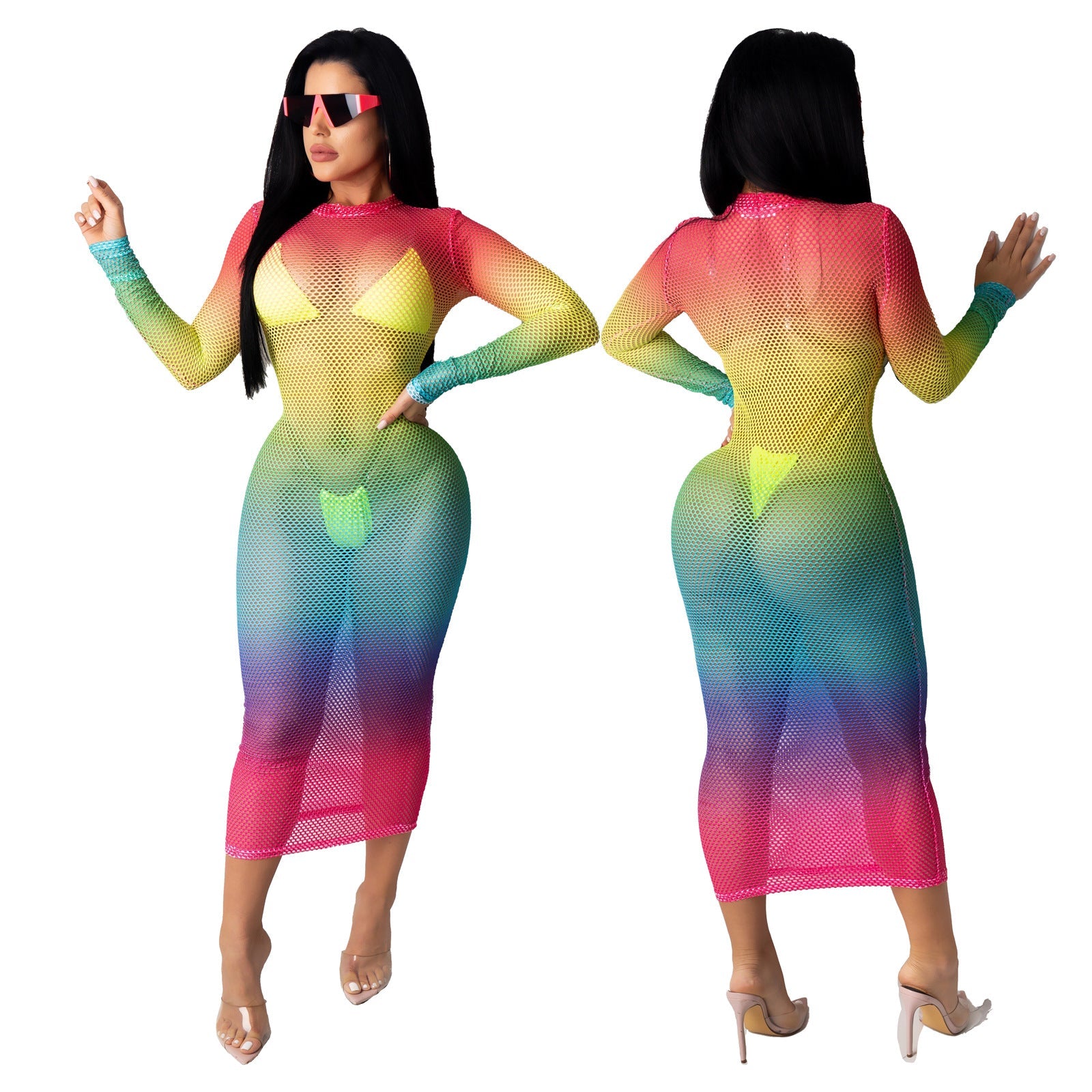 Wear Nightclub Super Elastic Angular Mesh Printed Dress