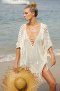 Knitted Tassel Beach Cover-up Sexy Knitted Holiday Sun Protection Shirt Seaside Bikini Swimsuit Blouse