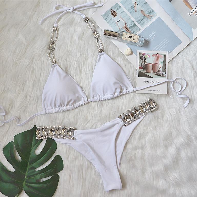 crystal diamond swimsuit in plain color with sexy backless bikini