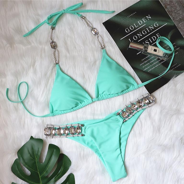 crystal diamond swimsuit in plain color with sexy backless bikini