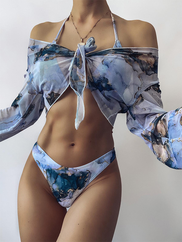 Sexy marble print bikini set 3 piece swimsuit mesh long sleeve swimsuit High cut swimwear women String halter micro bikini Beach wear