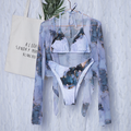 Sexy marble print bikini set 3 piece swimsuit mesh long sleeve swimsuit High cut swimwear women String halter micro bikini Beach wear