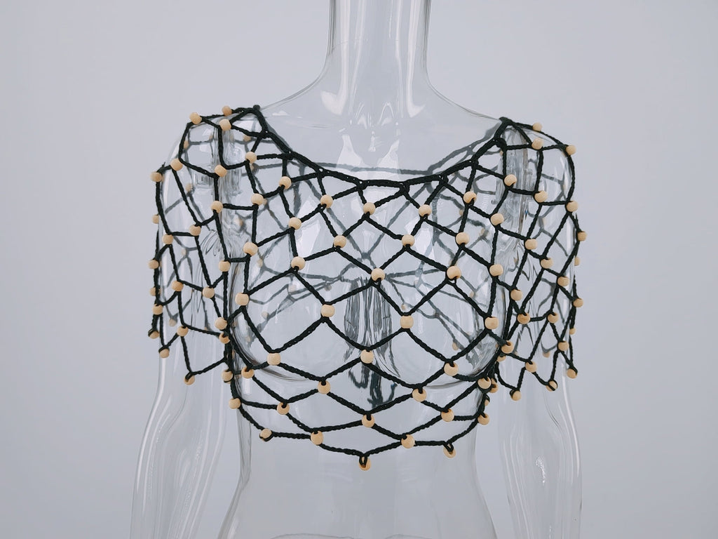 Spring Summer Seaside Holiday Hollow Out Cutout Beading Bikini Sexy Suspenders Beach Shirt