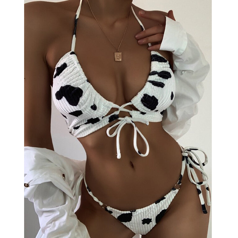 Cow print bikinis mujer Velvet ribbed swimsuit Sexy halter swimwear Women String lace up bathing suit Bathers