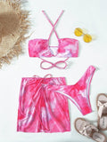 3 pieces mesh skirt swimwear Tie dye bikini Hollow Out Cutout out bandeau swimsuit women swimming suit String bathing suit Beachwear