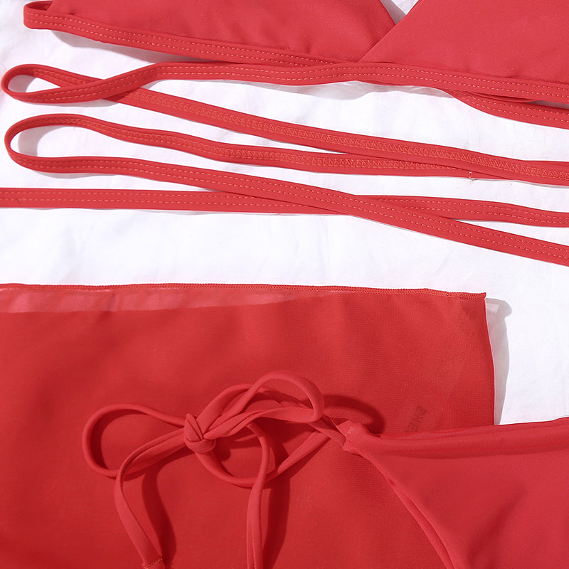 Sexy solid triangle bikini set 3 pieces mesh skirt swimsuit women String lace up swimming suit High cut swimwear Women