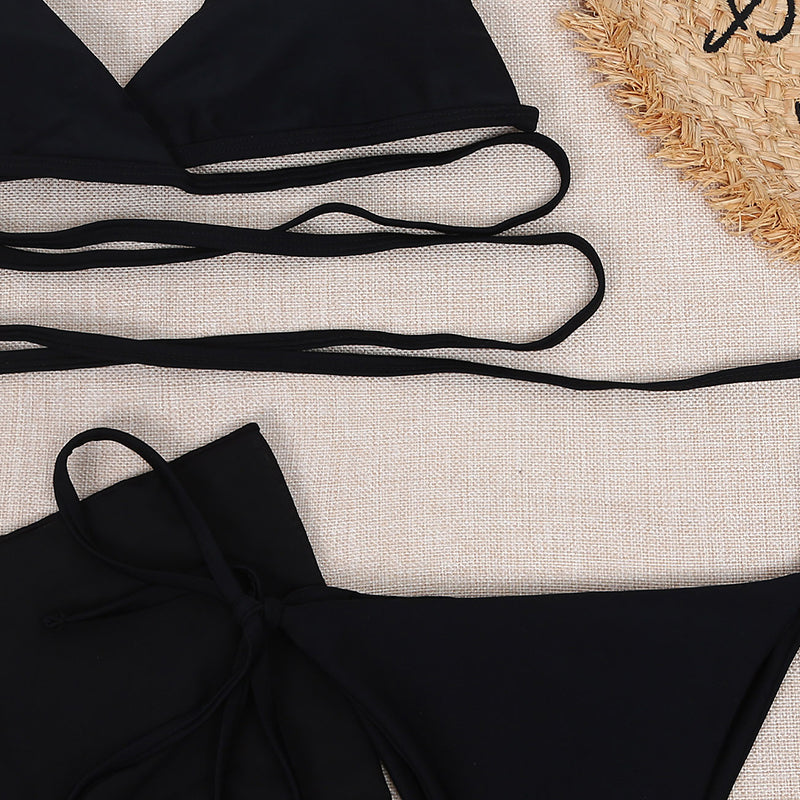 Sexy solid triangle bikini set 3 pieces mesh skirt swimsuit women String lace up swimming suit High cut swimwear Women