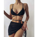 Sexy solid triangle bikini set 3 pieces mesh skirt swimsuit women String lace up swimming suit High cut swimwear Women
