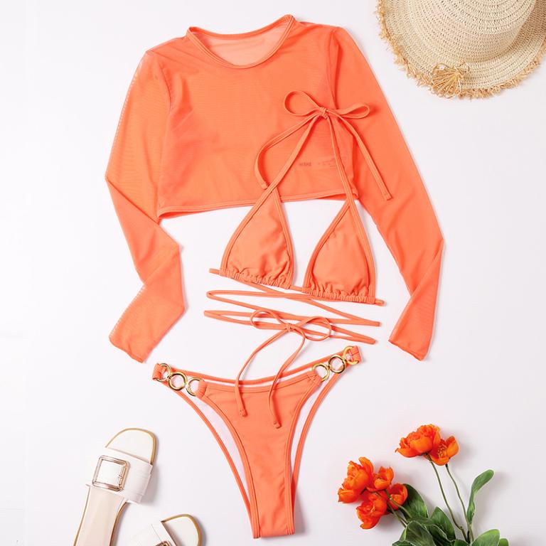 Sexy triangle micro bikini set 3-piece long sleeve swimsuit women High cut swimwear String swimming suit Solid bathing suit