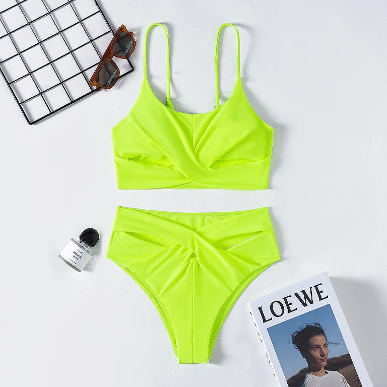 Neon green swimsuit women Sexy bandeau bikini set High cut swimwear Sport solid swimming suit Sexy bathing suit Beach wear