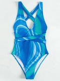Print Bandage One Piece Swimsuit Women V-Neck Bathing Suits High Cut Swimwear