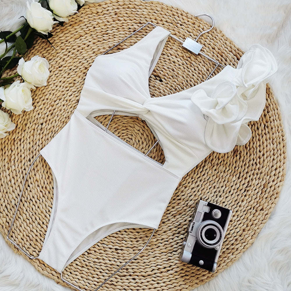 Sporlike Solid Color Hollow Out Cutout out Swimsuit Female New High Waist Backless Ruffle Swimwear