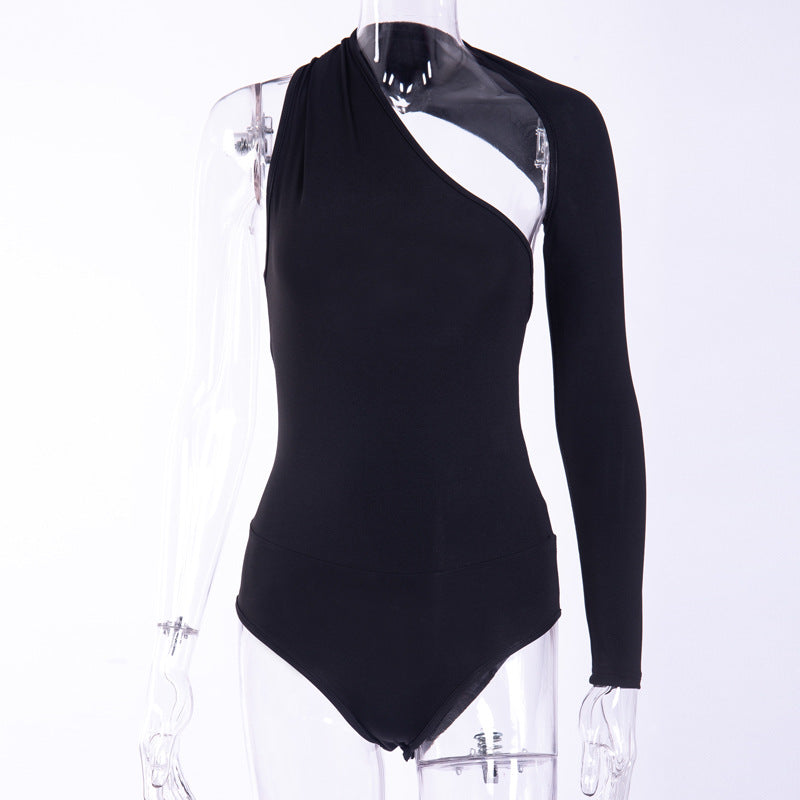 Sexy One-Shoulder Tight Bodysuit Spring Summer Street Office Milk Silk Bottoming Shirt
