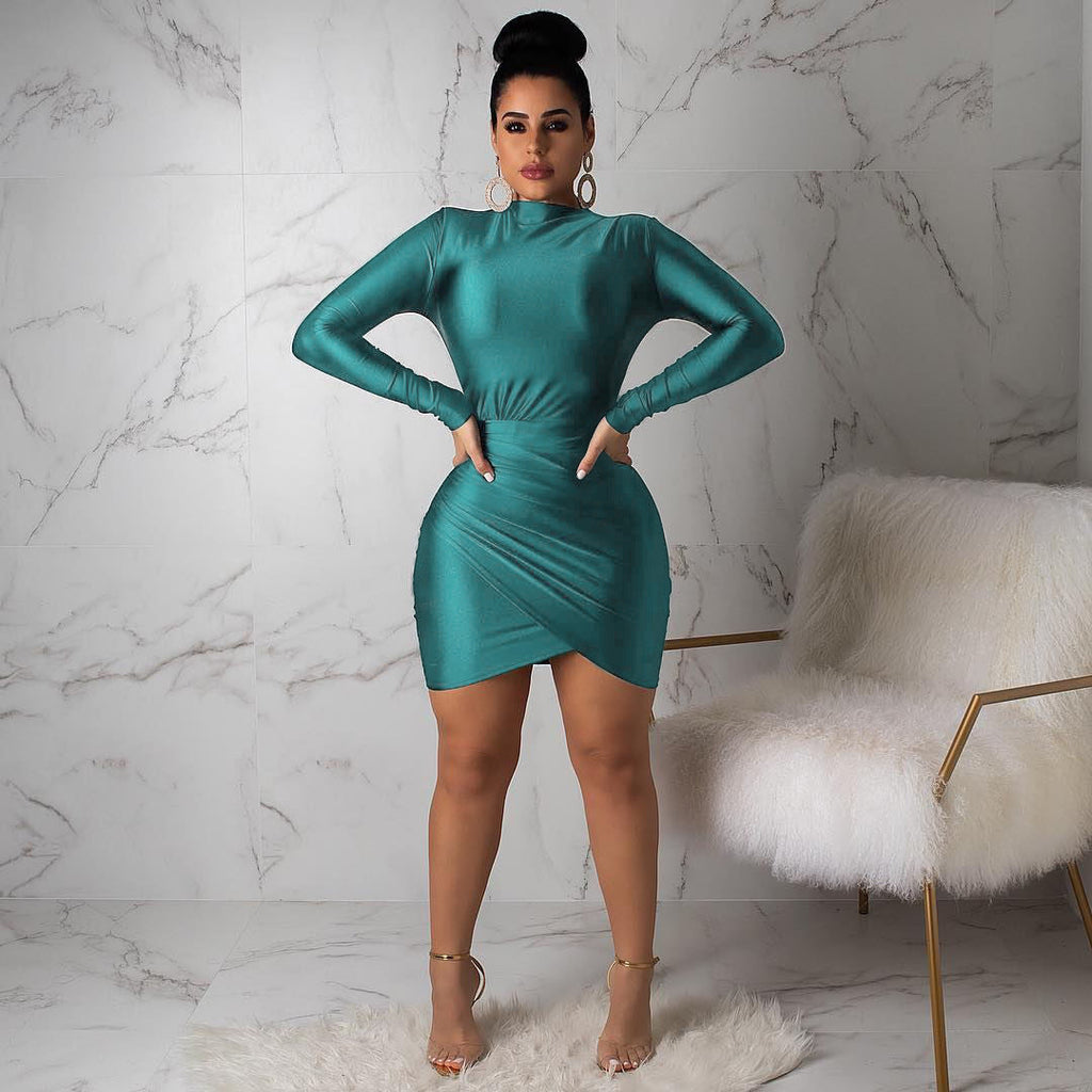 Slim Fit Sheath Fitted Waist Pleated Long Sleeve Dress Nightclub