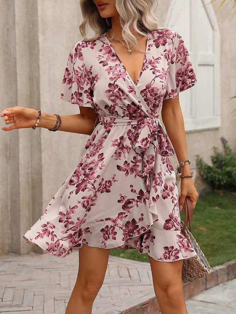 Women Clothing Summer Printed Dress Spotted Ruffled Wrap Lace up