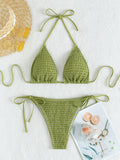 Solid Color Sexy Pleating Triangle Lace Up Side Beach Swimsuit Bikini
