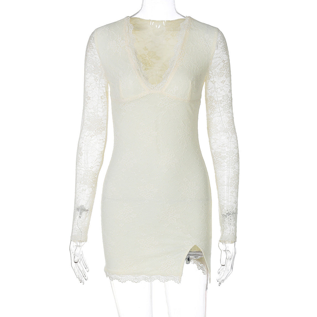 Women Clothing Autumn Winter Sexy Mesh Stitching Long Sleeve Narrow Dress