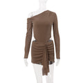 Women Clothing Autumn Sexy Diagonal Collar Solid Color Lace up Faux Two Piece Pleated Long Sleeve Narrow Dress