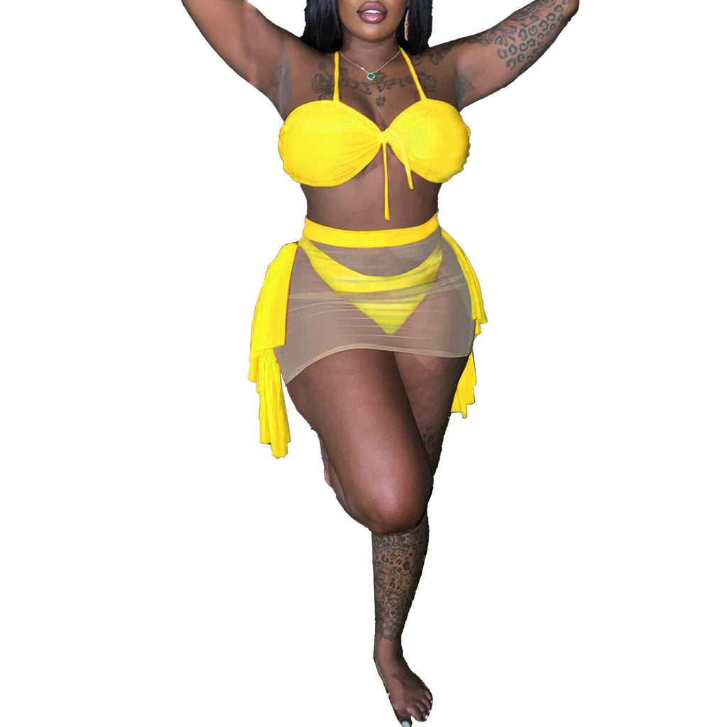Sexy Solid Color Mesh Stitching See through Halter Strap Lace Swimsuit Three Piece Set
