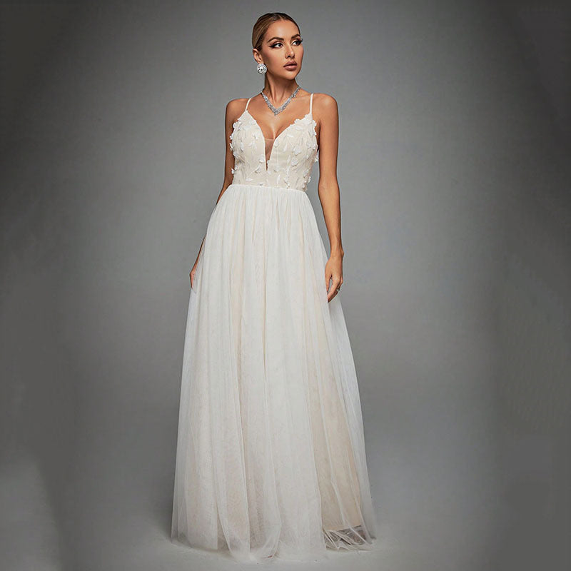 Evening Dress Sexy Hollow Out Cutout out Backless Deep V Plunge Lace Stitching Long Sleeve Dress