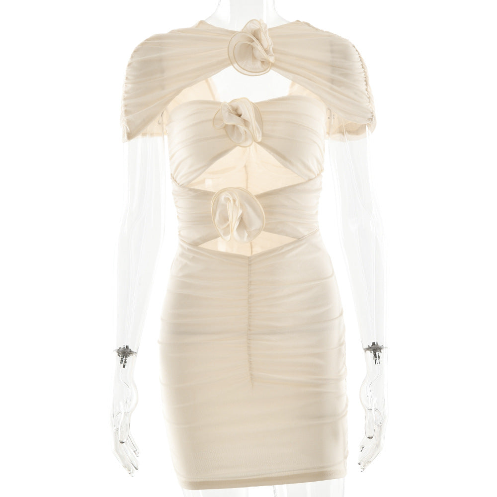Sexy Hollow Out Cutout Sleeveless Hip Dress Elegant Floral Decorative Pleated Dress Summer