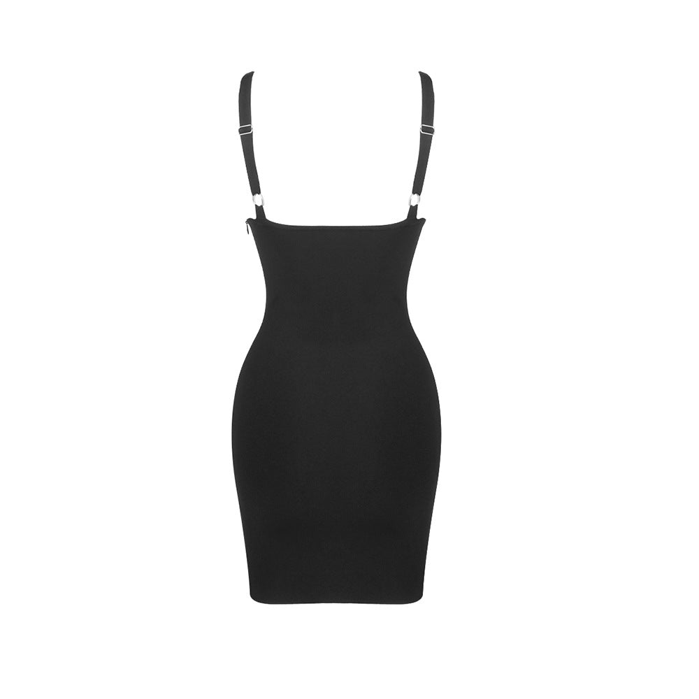 Sexy V neck Strap Zipper Furcal Lower Hem Dress Nightclub Black French Dress