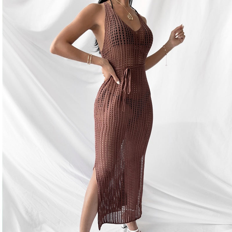 Beach Casual Solid Color Knitted Hollow Out Cutout Out Camisole Knitted Dress Blouse Outer Dress